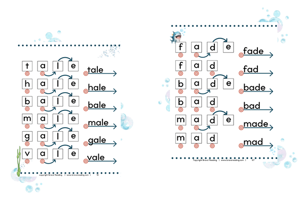 Sample pages from Level 5 of the Bravo! Reading Program where kids with dyslexia use the Silent E Slide to sound out words with silent e.