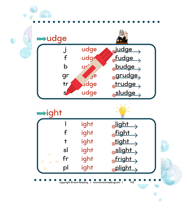 A sample page from the Bravo! Booster Pack where kids who struggle to read master decoding words with ease.