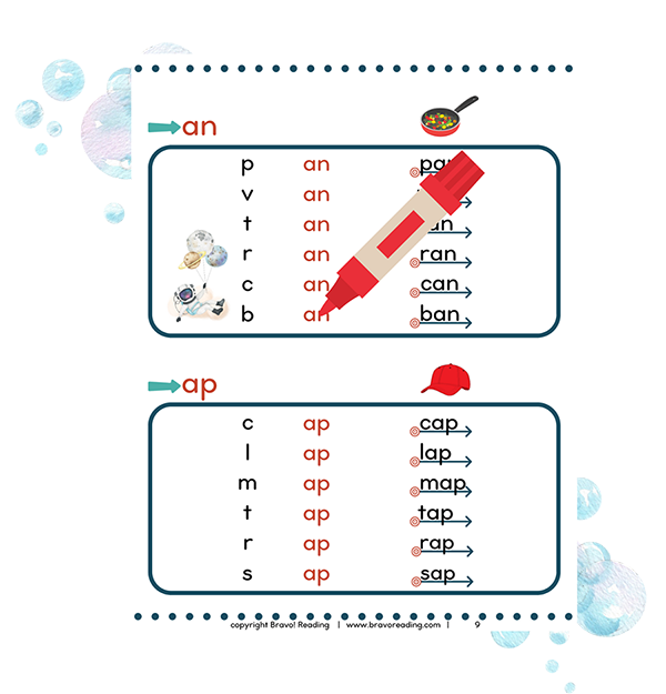 A sample page from the Bravo! Booster Pack where children with dyslexia master decoding words.