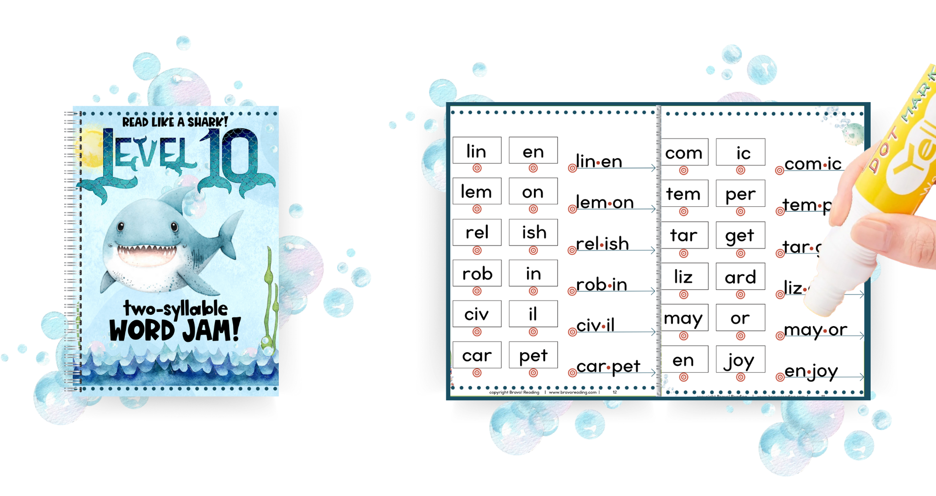 The tenth level of the Bravo! Bundle introduces sounding out two-syllablle words.