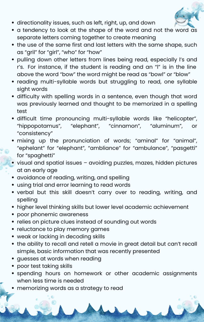 A chart revealing the most common learning differences displayed by kids with dyslexia to help with treatment for dyslexia.