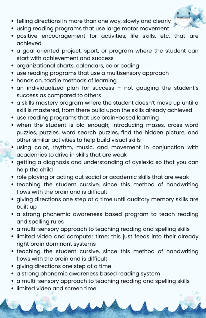 A chart explaining the best treatments for dyslexia and the best ways to help kids with dyslexia.