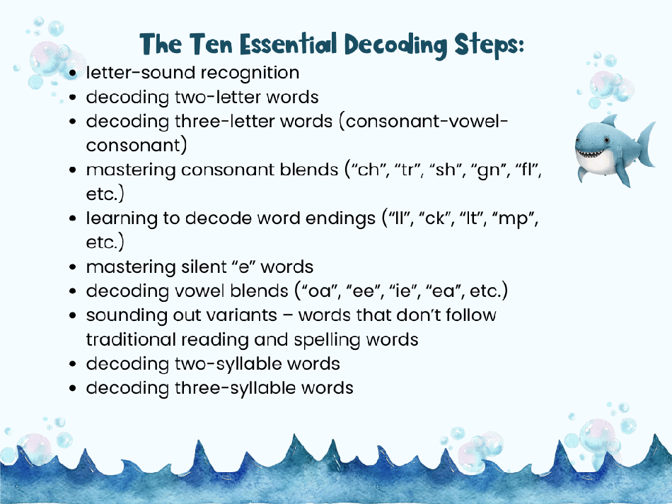 A chart showing the ten essential steps to decoding.